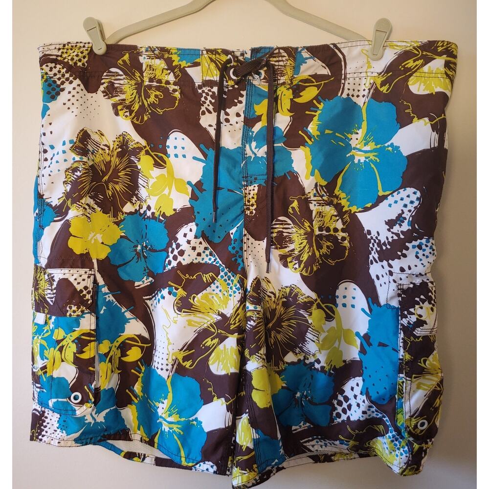 OP Ocean Pacific Swim Trunks Mens 2XL Lined Teal Floral Hawaiian Board Shorts